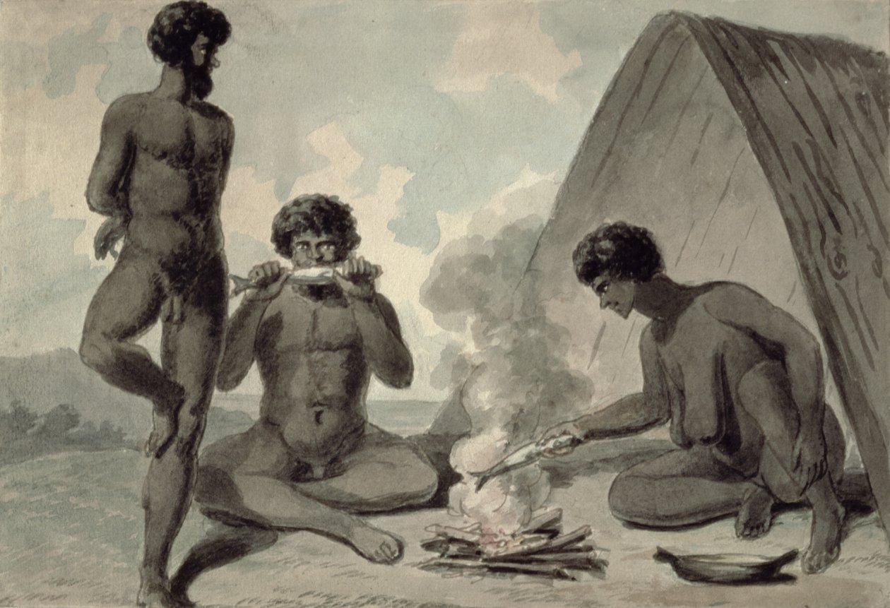 Aborígines comendo peixe na frente de uma fogueira, possivelmente por Philip Gidley King (1758-1808) de Unbekannt Unbekannt