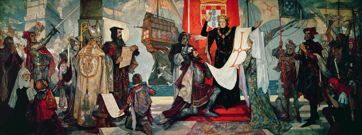 Partida para o Cabo, D. Manuel I de Portugal abençoando Vasco da Gama e sua expedição, c.1935 de Unbekannt Unbekannt