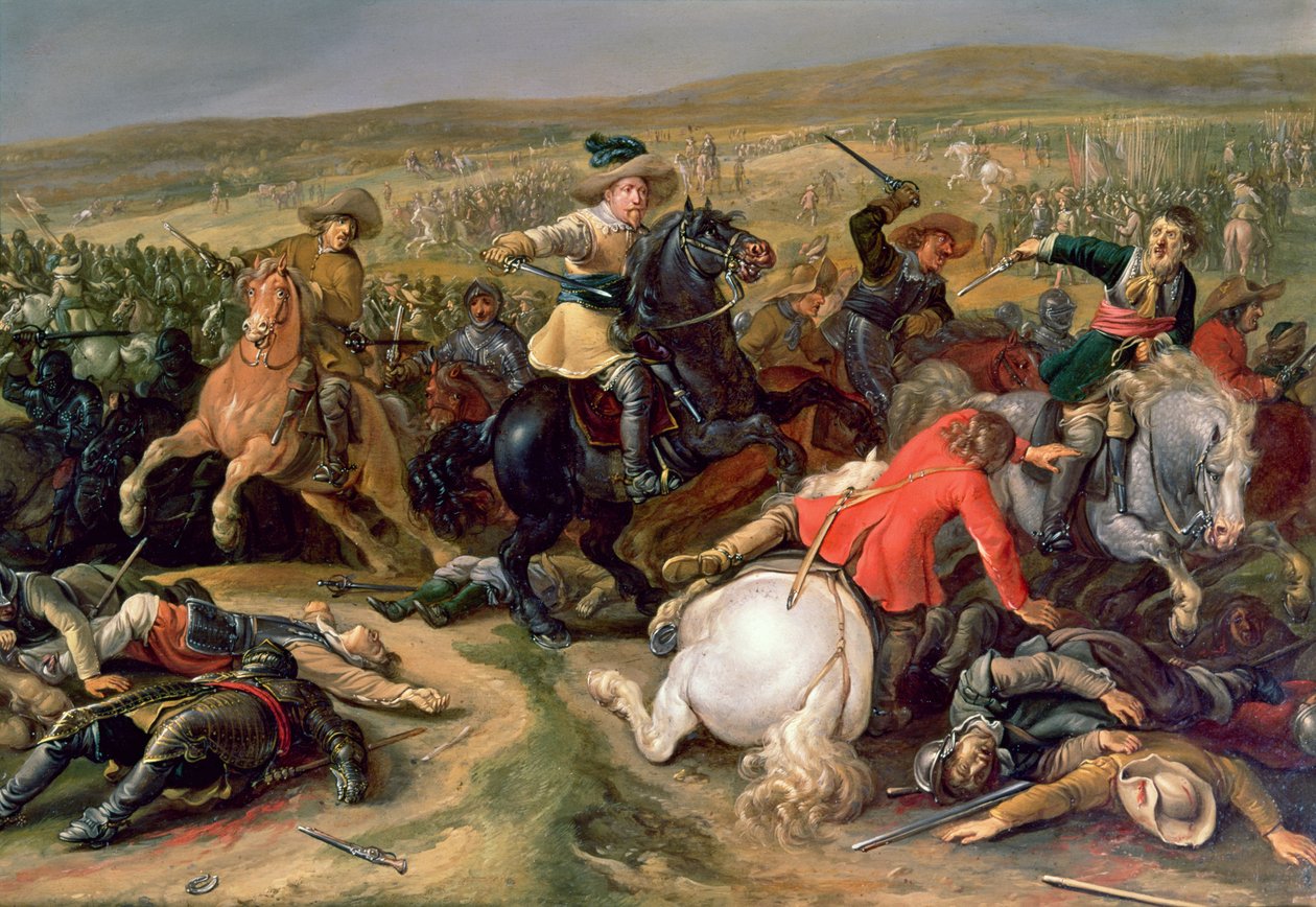 Gustavus II Adolphus, rei da Suécia (1595-1632) liderando uma carga de cavalaria na Batalha de Lutzen, 1632 de Unbekannt Unbekannt