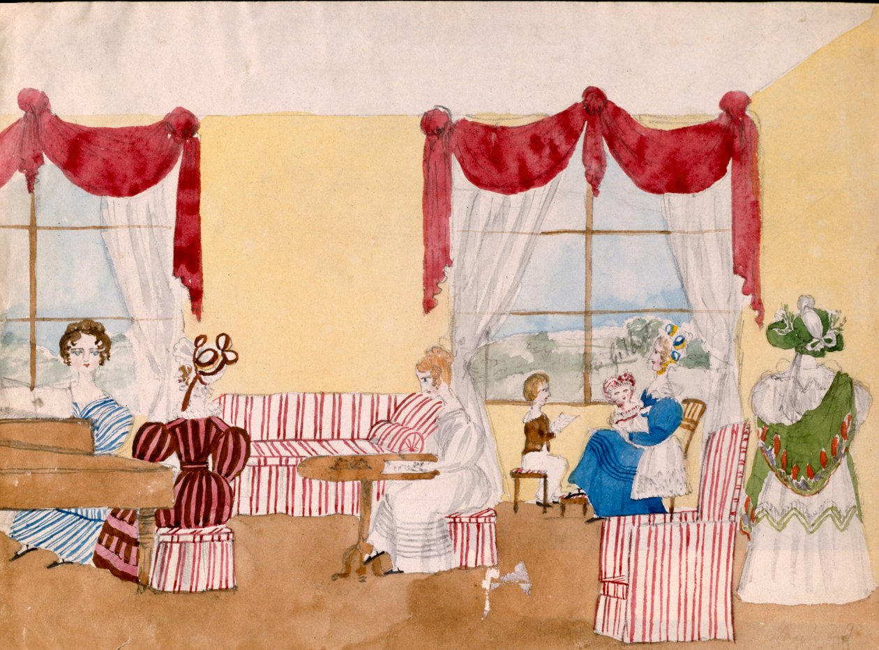 Interior com mulheres e crianças, c.1830, britânico, aquarela de Unbekannt Unbekannt