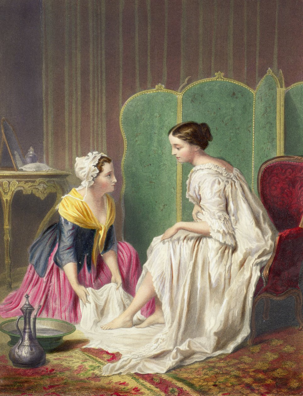 Empregada lavando os pés de sua amante (impressão colorida) de Unbekannt Unbekannt
