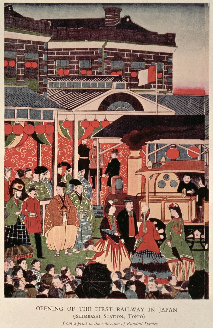 Abertura da Primeira Ferrovia no Japão (Estação Shimbashi, Tóquio), século XIX (impressão) de Unbekannt Unbekannt