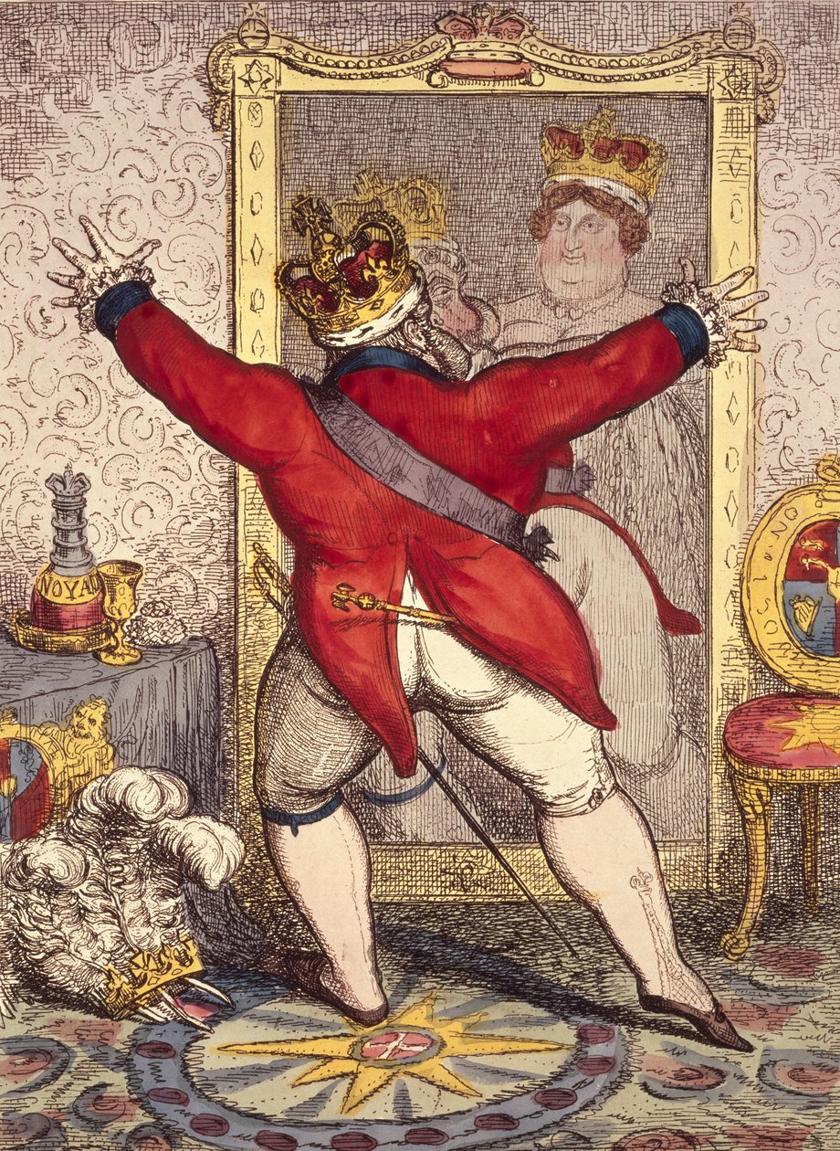 Reflexão: Ser, ou não ser, cartum do rei Jorge IV da Inglaterra (1762-1830), 1820 (impressão) de Unbekannt Unbekannt