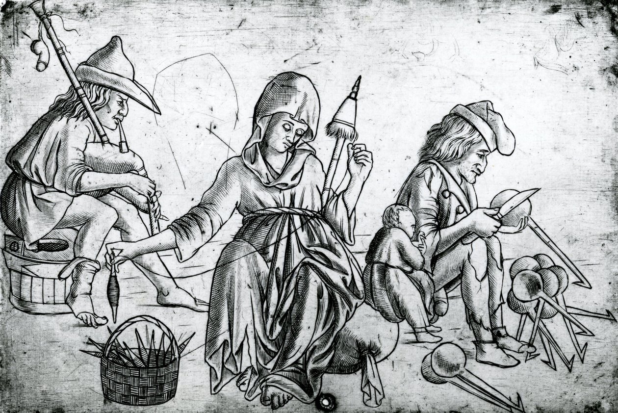 Cena, com, um, músico, tocando, a, gaita-de-foles, um, mulher gira, e, um, homem, esculpindo, colheres de Unbekannt Unbekannt