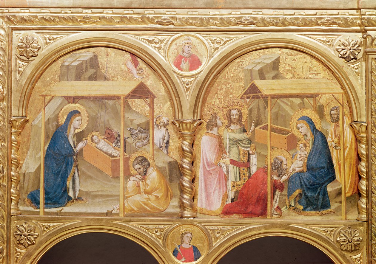 Seção de uma tela de altar com a Natividade e a Adoração dos Magos, século XIII de Unbekannt Unbekannt