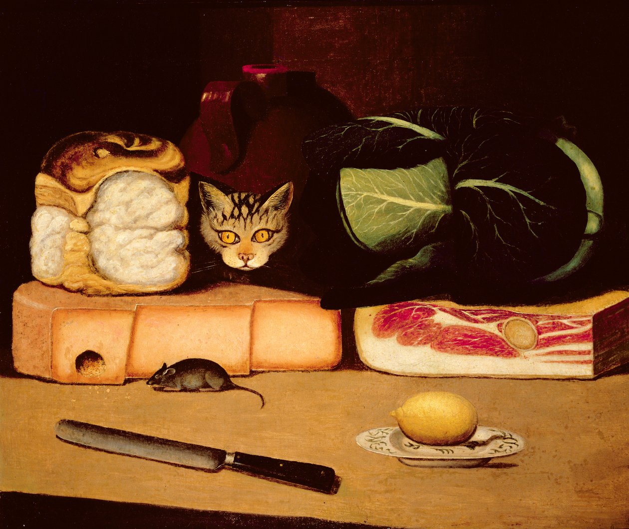Ainda vida com gato e rato, escola primitiva, 1820 de Unbekannt Unbekannt