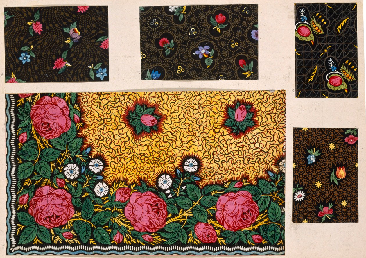 Design têxtil, rosas cor-de-rosa com guirlandas adicionais. Francês, início do século XIX de Unbekannt Unbekannt