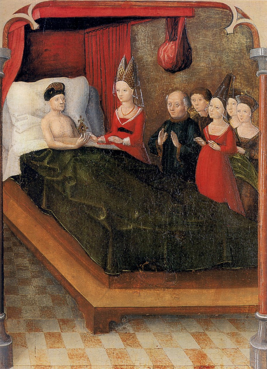 Weingartener Heilig-Blut-Tafel de 1489. Landesmuseum Württemberg, Stuttgart. Placa 20: Em sua morte, Conde Baldwin herda a relíquia de sua filha Judith de Unknown