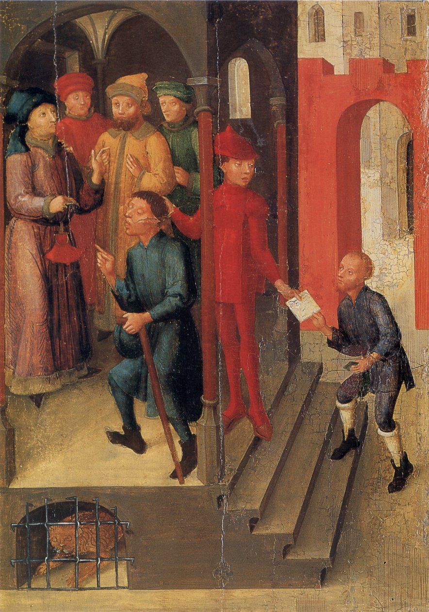 Weingartener Heilig-Blut-Tafel de 1489. Landesmuseum Württemberg, Stuttgart. Ilustração 10: Adilbero anuncia a revelação divina aos notáveis de Mântua (segundo a lenda de 1048) de Unknown