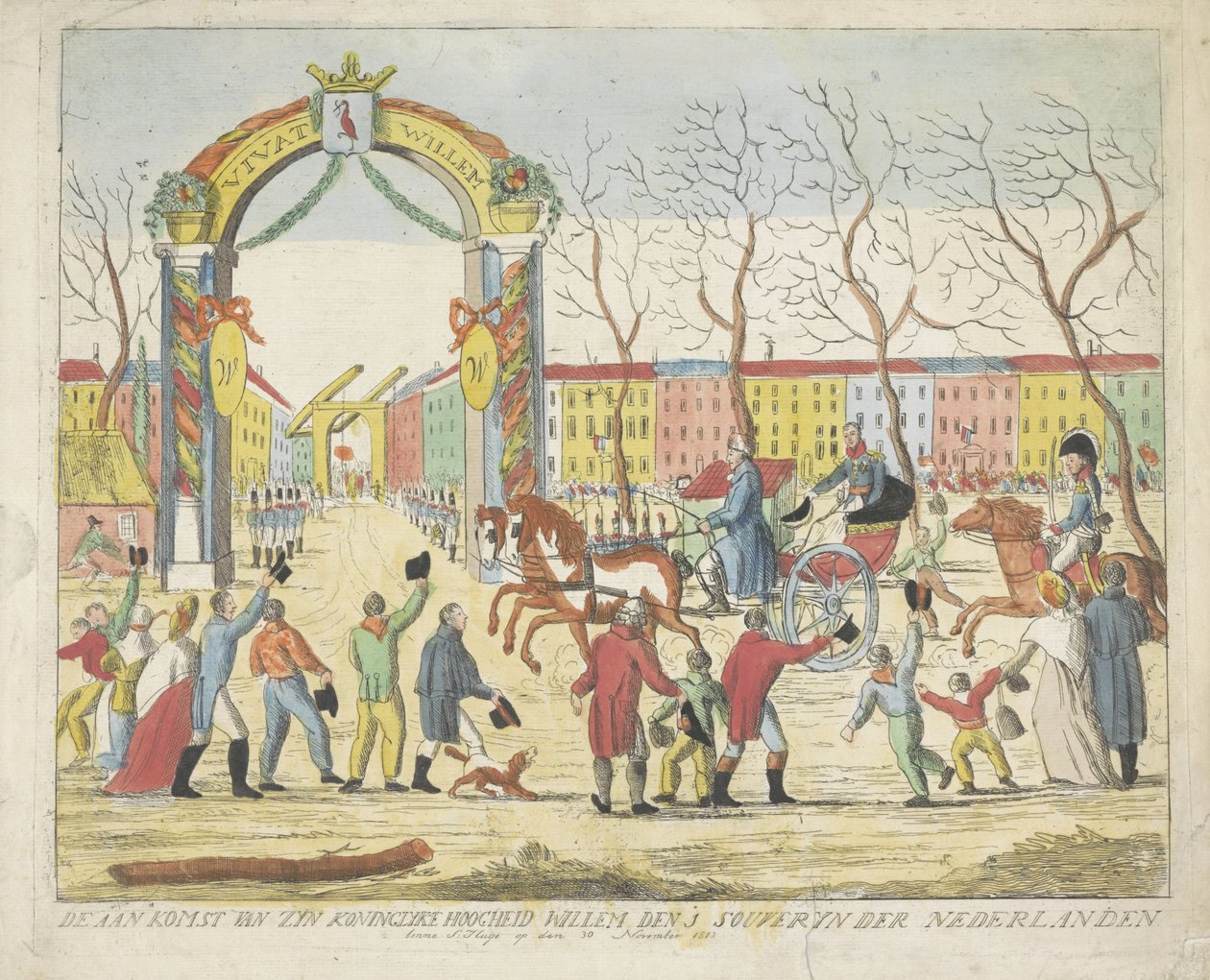 Chegada do Príncipe de Orange em Haia, 1813 A Chegada de Sua Alteza Real Willem den 1 souveryn der Nederlanden benne S: Hage em 30 de novembro de 1813 (título no objeto) de Anonymous