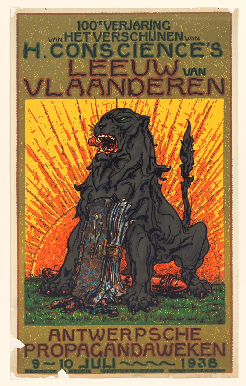Cartaz que celebra o centenário da publicação de O Leão da Flandres por Henri Conscience
100º aniversário da publicação de Leeuw van Vlaanderen da H. Conscience (título sobre o objecto) de Anonymous