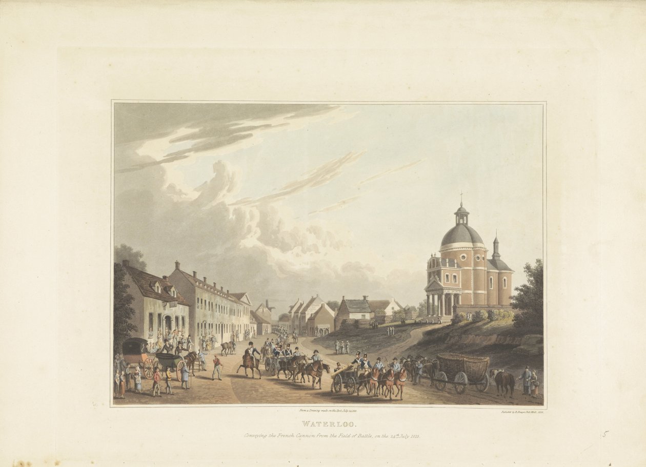 Afvoer van Franse kanonnen door Waterloo Waterloo. Transportando o canhão francês do campo de batalha, em 24 de julho de 1815 (título no objeto) de Anonymous