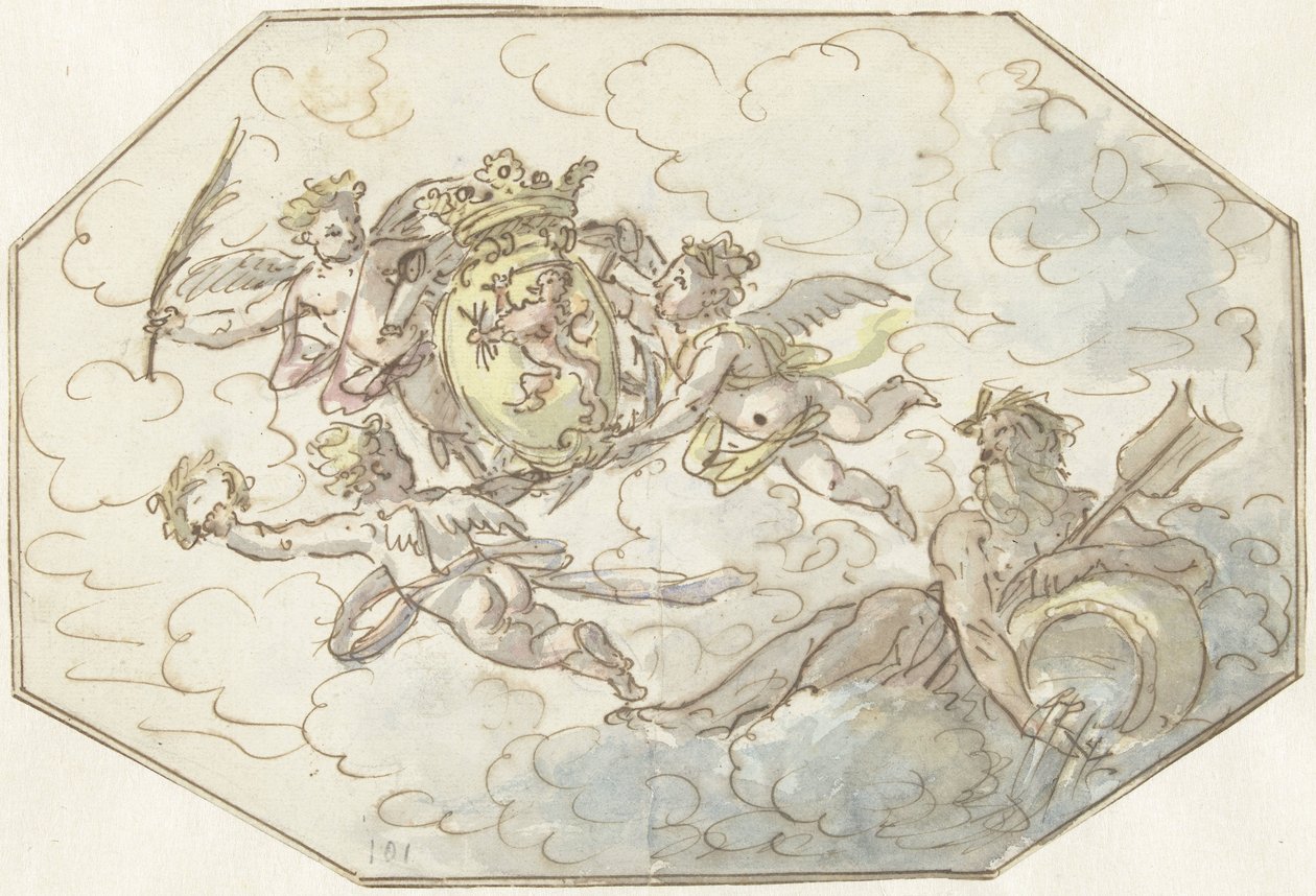 Alegoria com putti com escudo de armas e deus da corrente de Anonymous