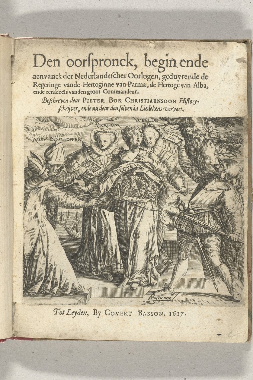 Página de título alegórica em: Pieter Christiaansz Bor, Den oorspronck, começa ende aenvanck der Nederlandtscher wars, 1617 de Anonymous