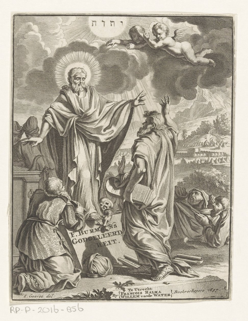 Representação alegórica com Cristo, Moisés e figura ajoelhada Página de rosto para: Frans Burman, Teologia, 1697 de Anonymous
