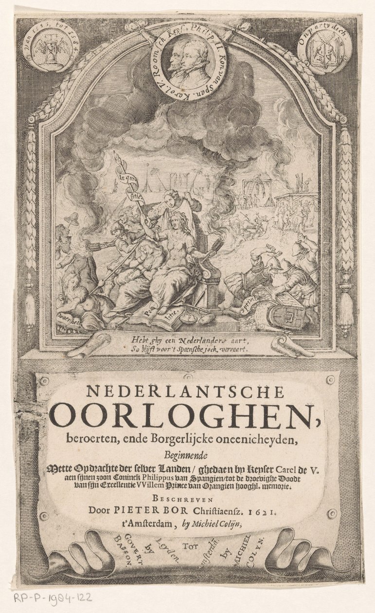 Representação alegórica com Inquisição, Liberdade e Verdade Espanhola
Página de título para: Pieter Bor, Nederlandsche Oorloghen, 1621 de Anonymous