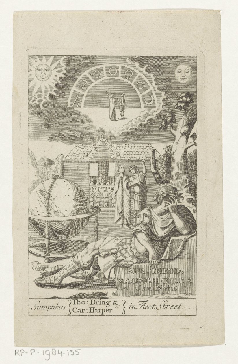 Ambrosius Theodosius Macrobius leunend op steen naast globe Ouro Theod. Macrobius Opera Cum Notis (título no objeto) Título da página: Ambrosius Theodosius Macrobius, Aur. Theodosius Macrobius V. Cl. & Obras Ilustres, 1694 de Anonymous