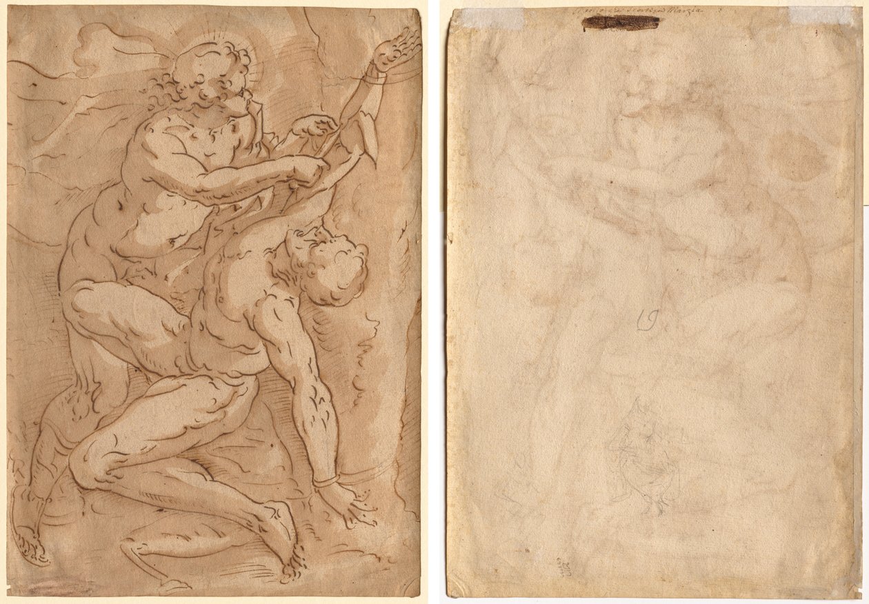 Apollo Flaying Marsyas (reto) Dois esboços de uma mãe e filho (verso) de Anonymous