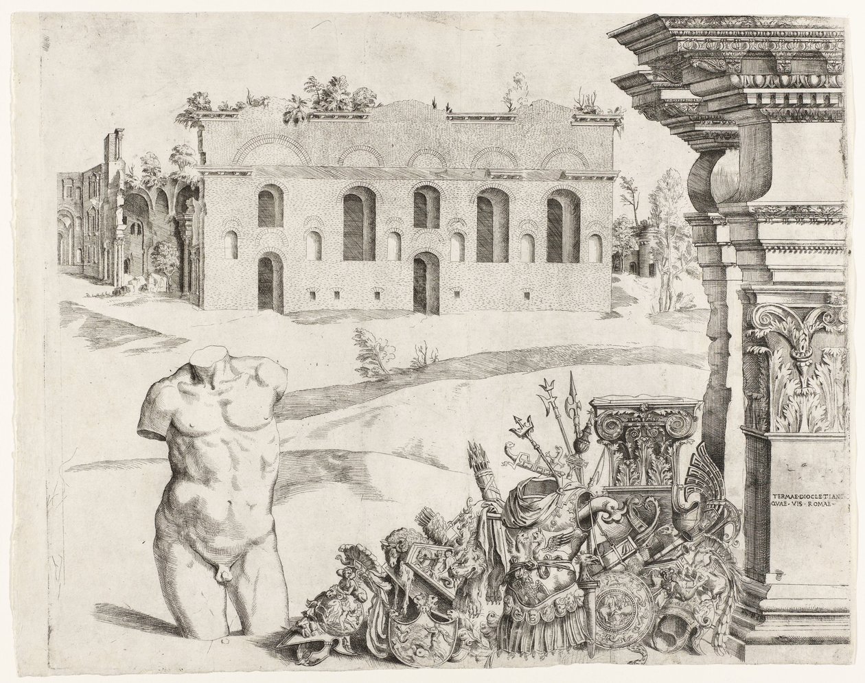 Capriccio de arquitetura com spolia, um torso masculino e uma vista das Termas de Diocleciano de Anonymous