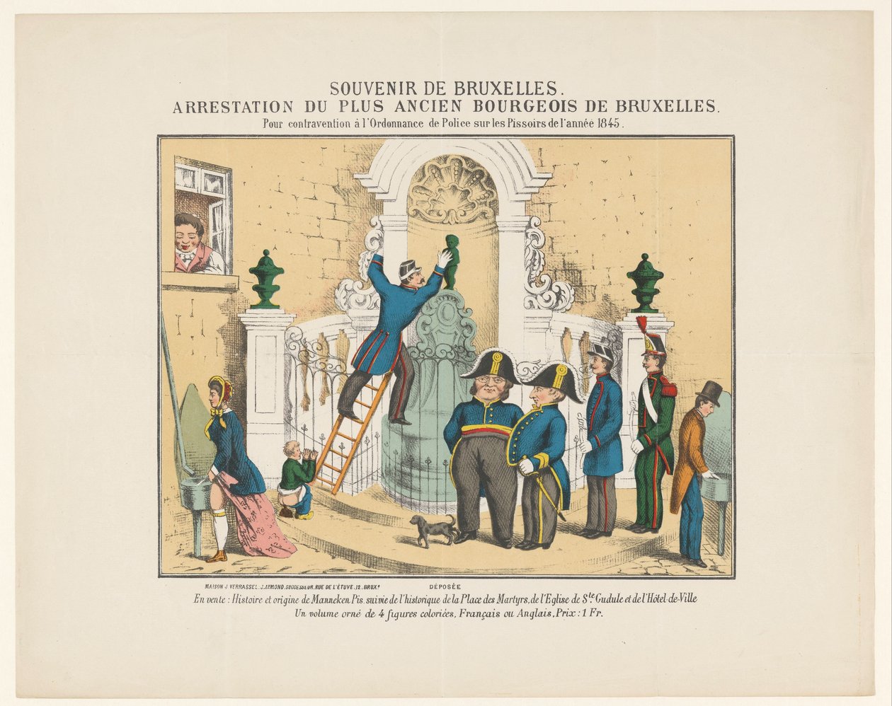 Arrestatie van Manneken Pis, 1845
Lembrança de Bruxelas. Prisão do cidadão mais velho de Bruxelas. Por violação do Decreto da Polícia sobre os Pissoirs do ano 1845 (título sobre o objecto) de Anonymous