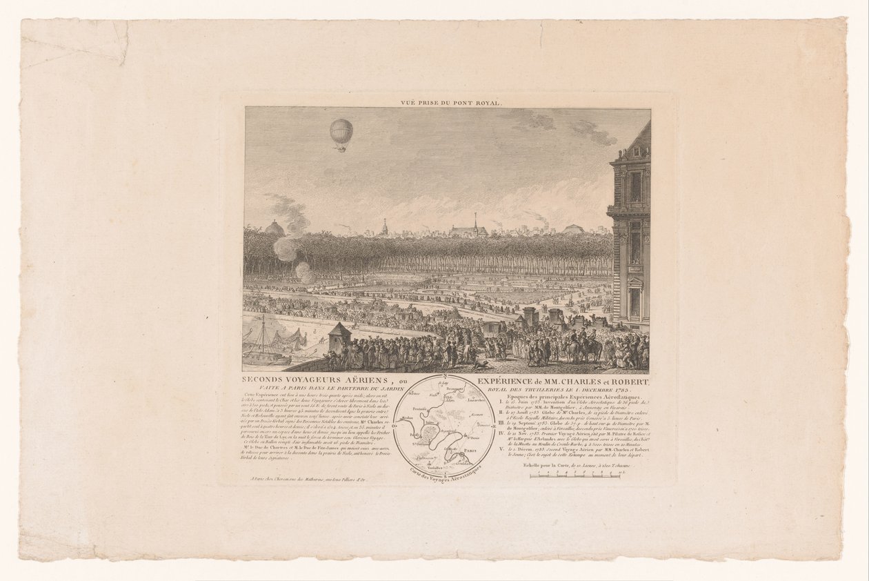 Ballonvlucht door de heren Charles en Robert van Parijs naar Beaumont, gezien vanaf de Tuilleriën, 1 de dezembro de 1783 Segundo Viajantes Aéreos, ou Experiência de MM. Charles e Robert, feito em Paris no parterre do jardim real das Tulherias no dia 1º de  de Anonymous