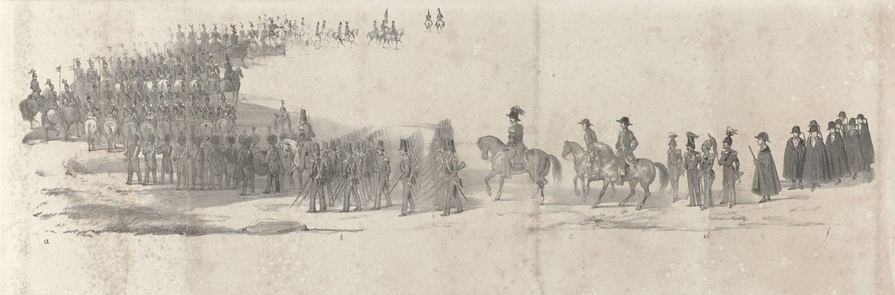 Funeral do falecido Rei Willem II em Delft em 4 de abril de 1849 (página 2) Cinco folhas contíguas do cortejo fúnebre de William II em 1849 (título da série) de Anonymous
