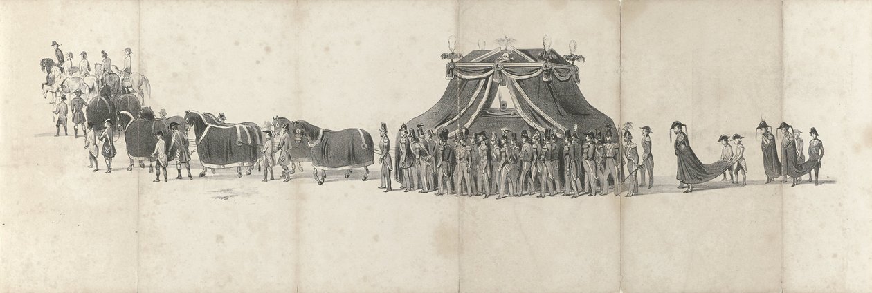 Funeral do falecido Rei Willem II em Delft em 4 de abril de 1849 (página 4) Cinco folhas contíguas do cortejo fúnebre de William II em 1849 (título da série) de Anonymous