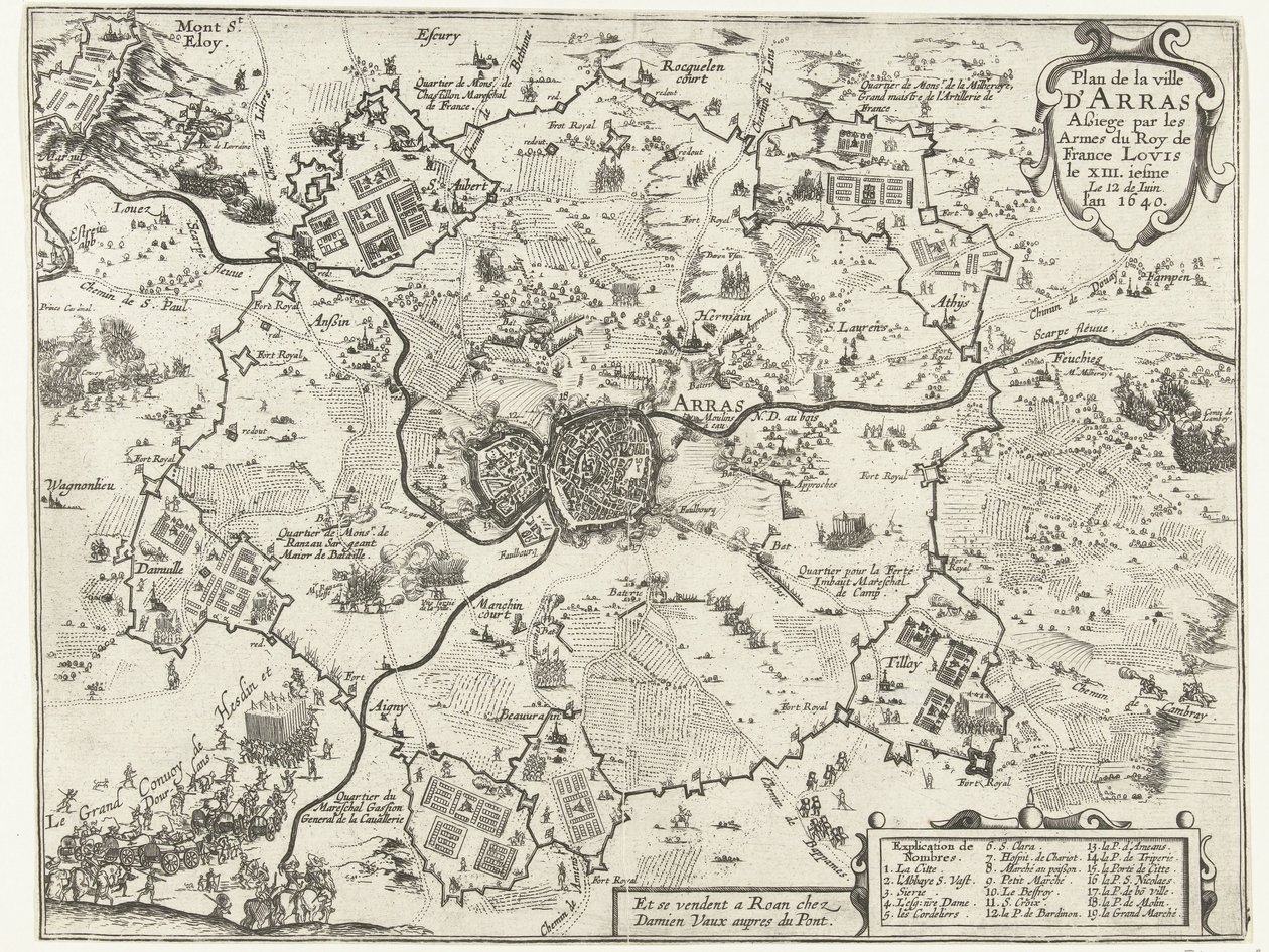 Porta Beleg van Arras por Fransen, 1640 Plano da cidade de Arras sitiada pelas armas do rei da França Luís XIII.iesme 12 de junho. o ano de 1640 (título no objeto) de Anonymous