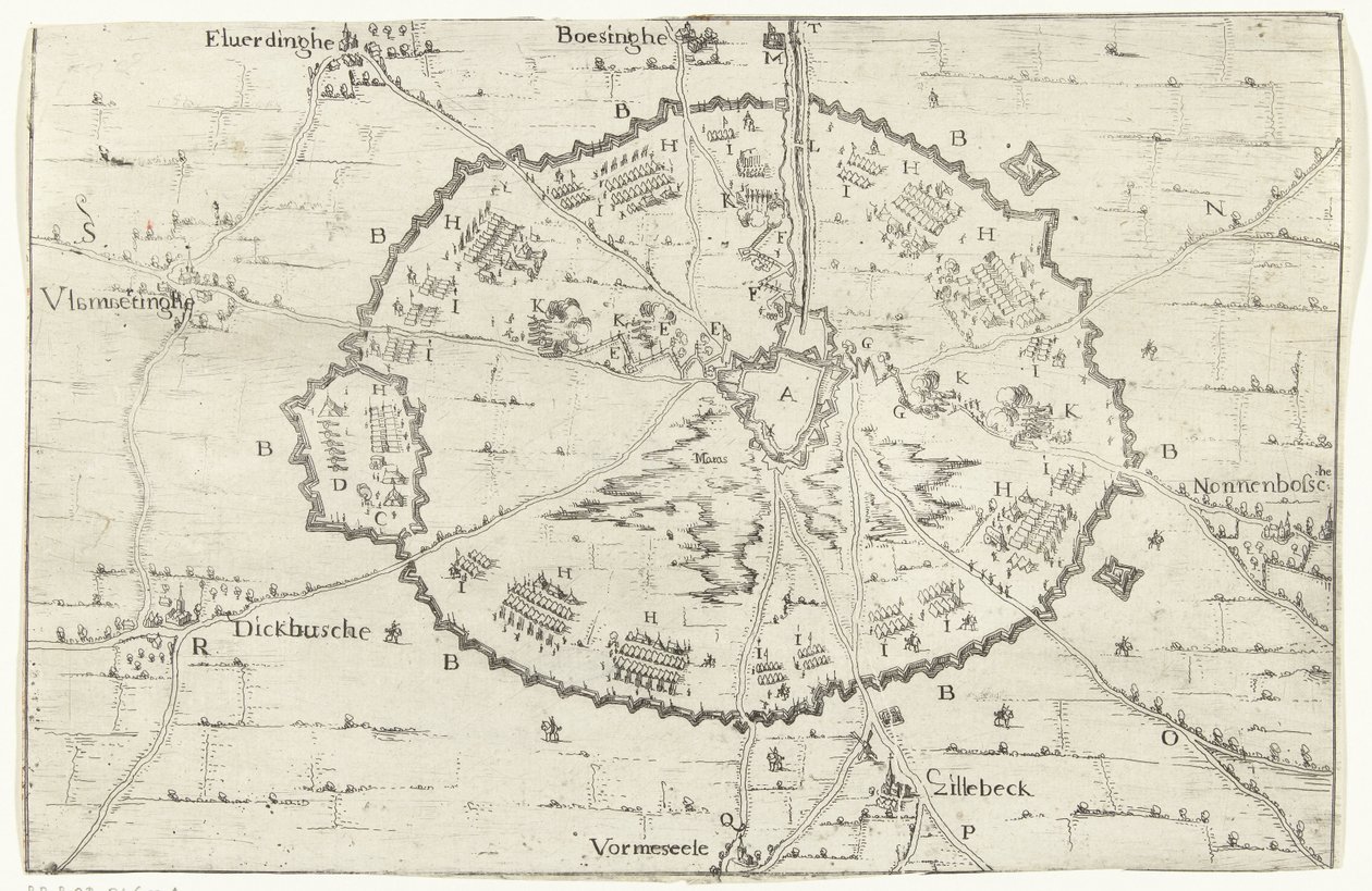 Sítio de Ypres, 1649
Verdadeira representação do Cerco de Ypres iniciada no mês de Abril de 1649 (título sobre o objecto)
Carte demonstrative du siege de la Ville de Ipren commence au mois d