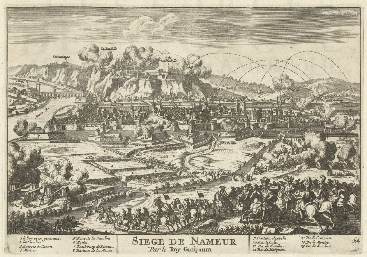 Beleg van Namen porta koning Willem III, 1695 Siege de Nameur Por Roy Guiljaum (título no objeto) As Forças da Europa, Ásia, África e América (...) Como também os Mapas das Costas da França e Espanha (título da série no objeto) de Anonymous