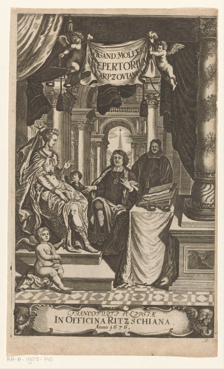 Benedikt Carpzov bij tronende koningin Carpzovian Repertory de Wigand Moller (título no objeto) Título da página: Wigand Möller, Repertorium rerum, verborum, et notablem, 1676 de Anonymous