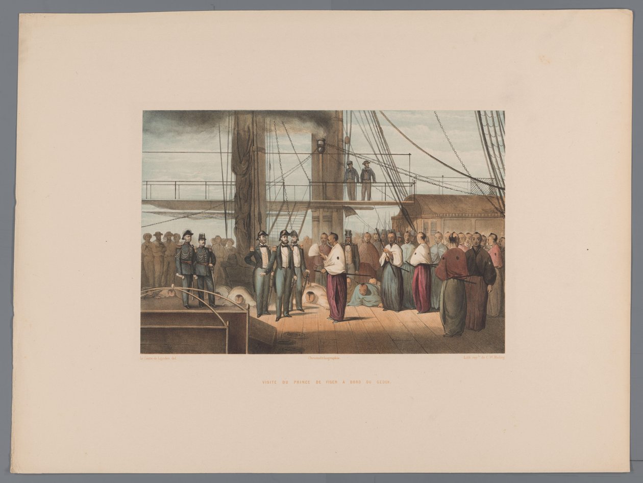 Bezoek van de prins van Fisen aan boord van het raderstoomschip Zr.Ms Gedeh
Visita do príncipe de Fisen a bordo do Gedeh (título sobre o objecto)
Lembranças do Japão com texto do conde de Lijnden (título da série sobre o objecto) de Anonymous