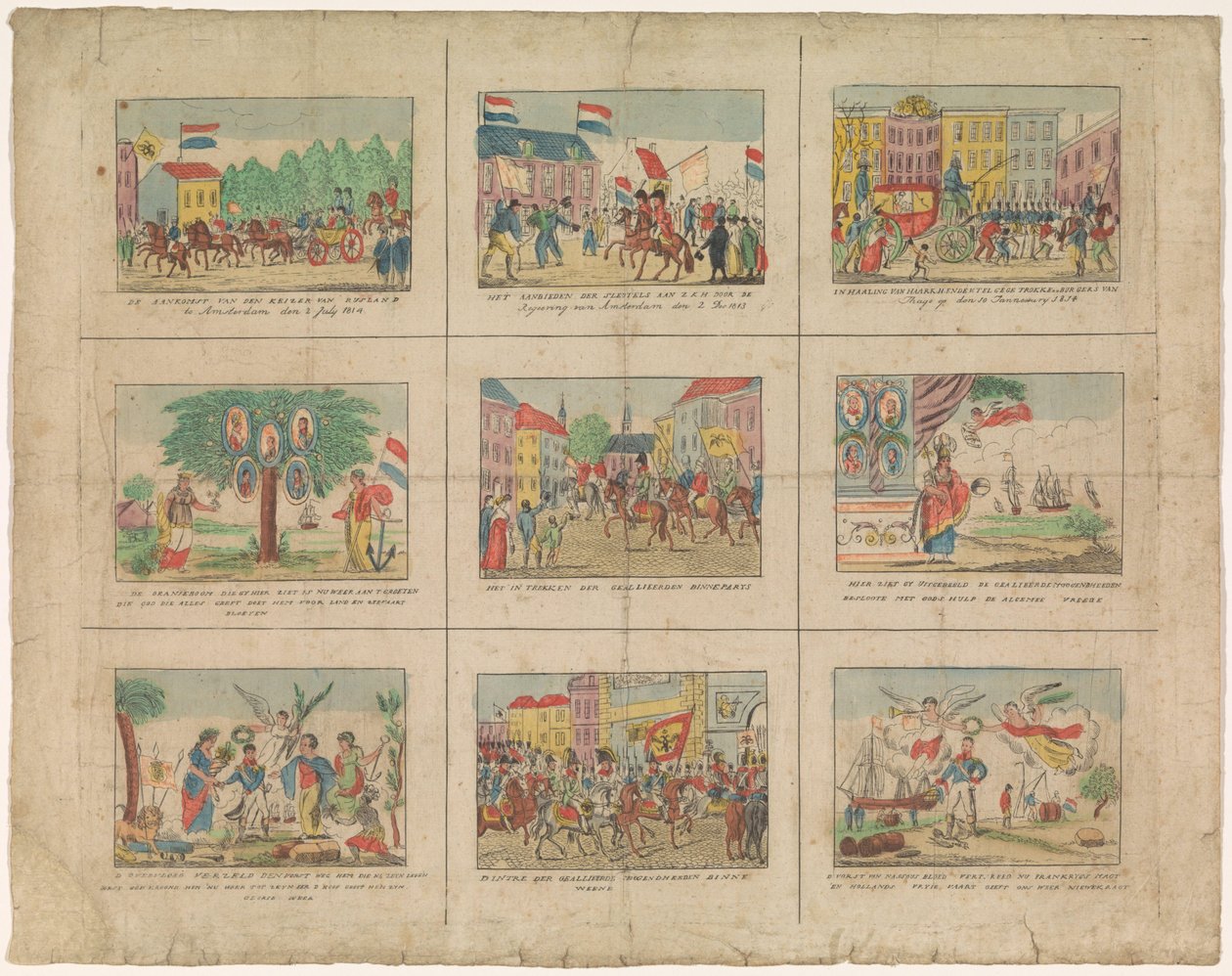 Folha com 9 representações de eventos históricos nos anos 1813-1814 (título no objeto) de Anonymous