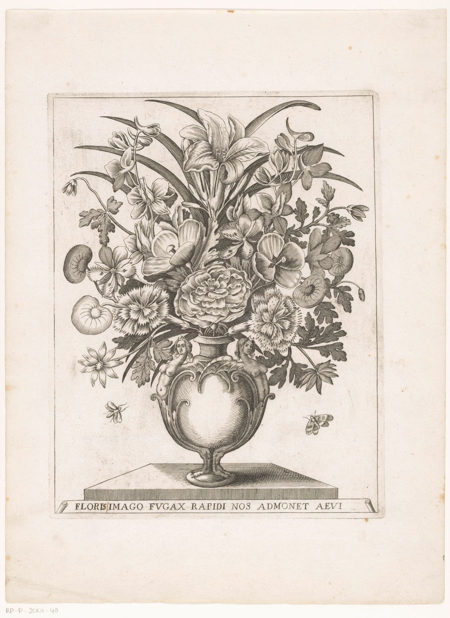 Flores em vaso com semi-figuras
FLORI(S) IMAGO FUGAX RAPIDI NOS ADMONET AEUI (título sobre o objecto) de Anonymous