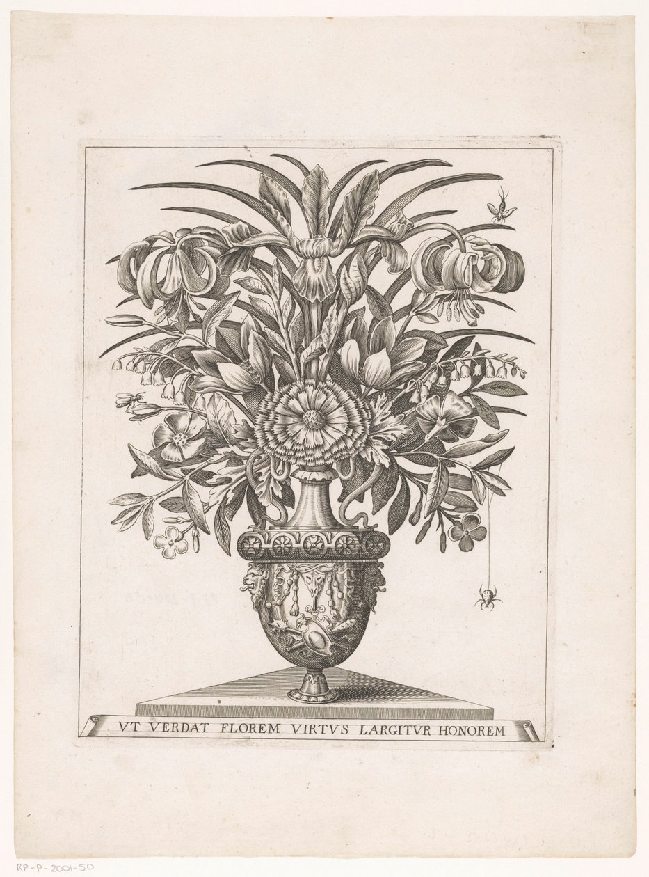 Flores em vaso com cabeças de leão
UT VERDAT FLOREM VIRTUS LARGITUR HONOREM (título sobre o objecto) de Anonymous