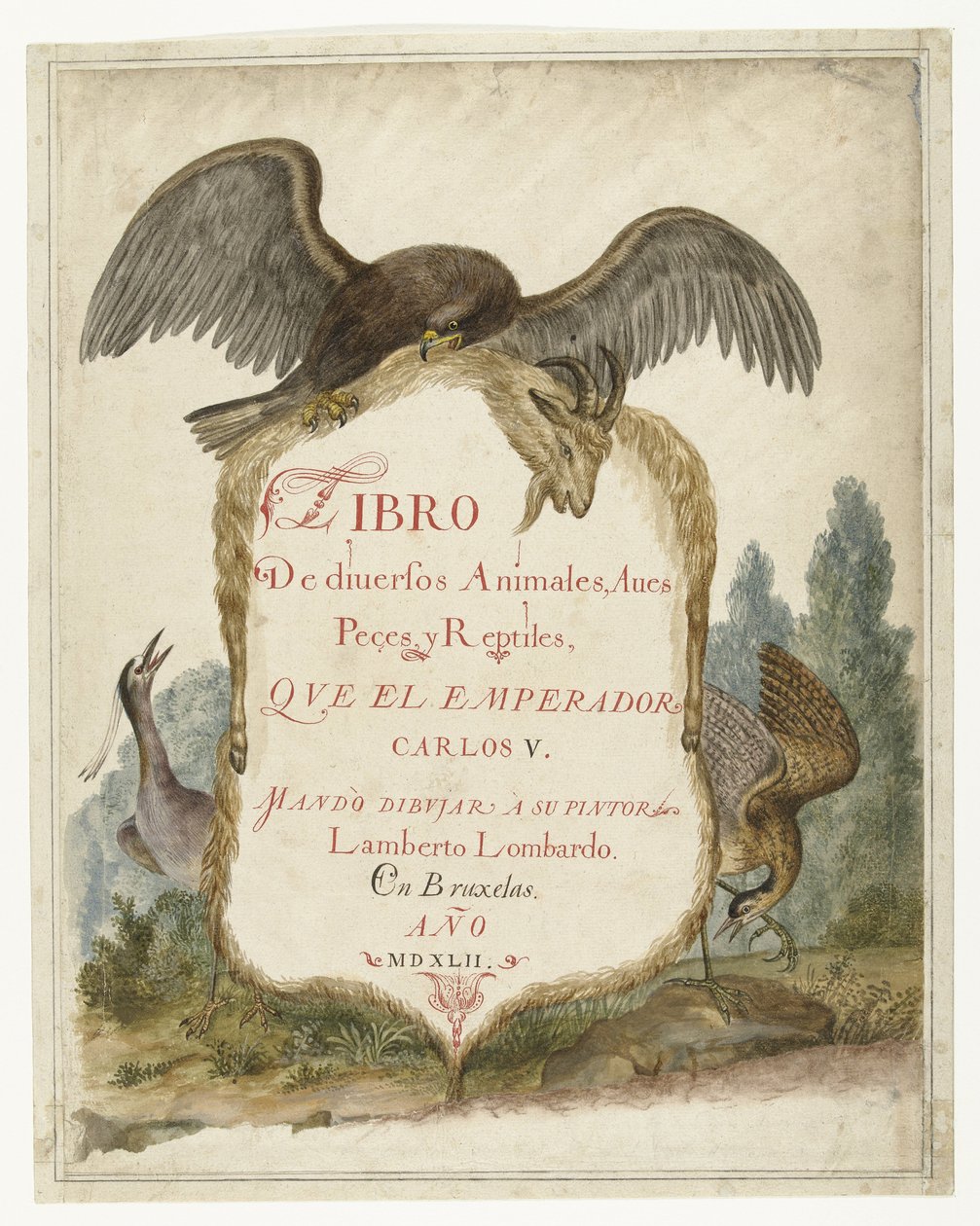 Cartouche sustentado por uma águia dourada, garça noturna e garça Álbum Lombard (título da série) de Anonymous