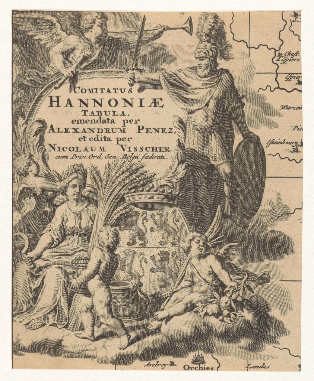 Ceres, putti e brasão de armas Hainaut
Comitatus Hannoniae Tabula (título sobre o objecto) de Anonymous
