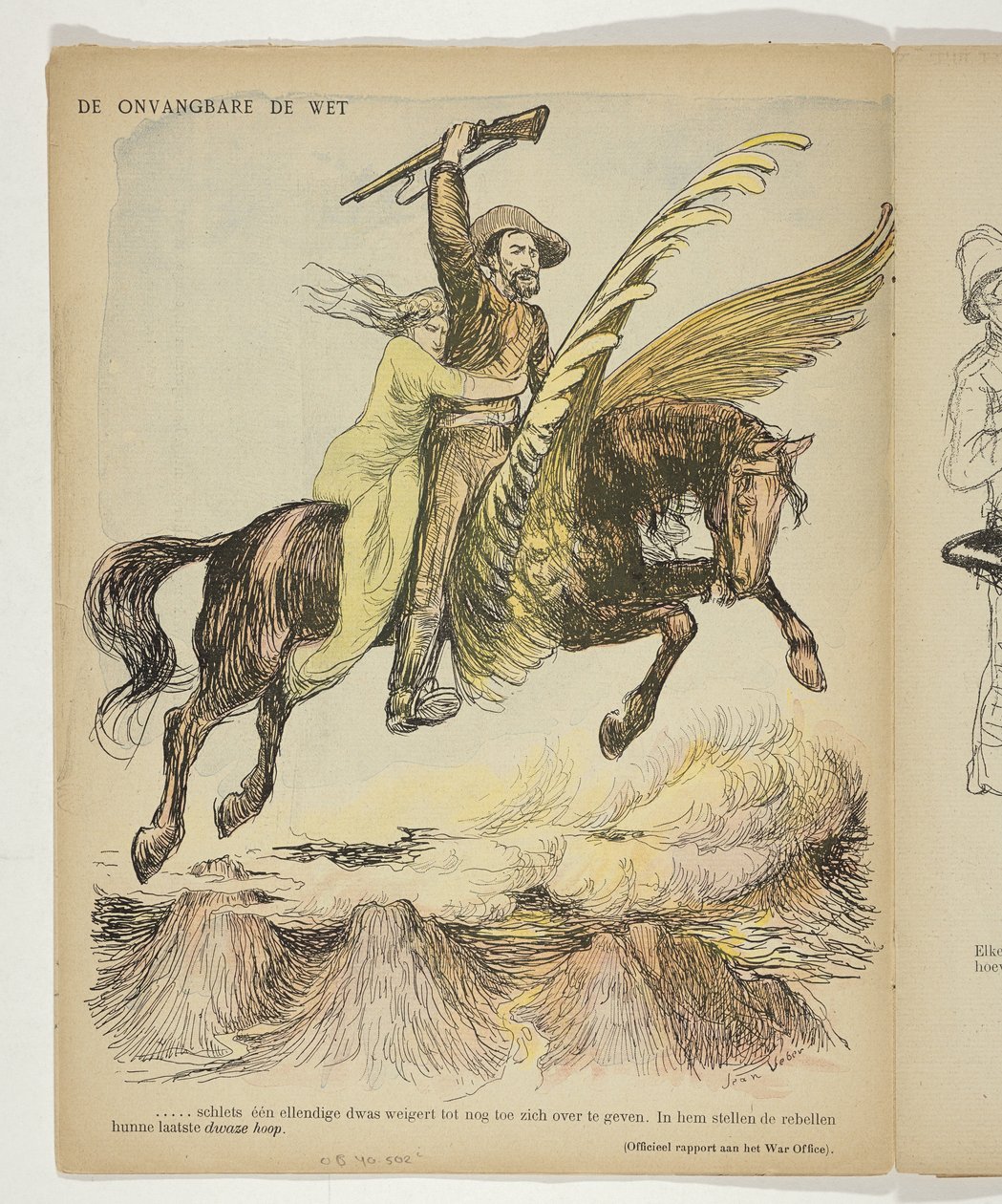 Christiaan de Wet e mulher agarram-se a ele (Esperança dos Camponeses) em cavalo alado
O Incapaz de Molhar (título sobre o objecto) de Anonymous