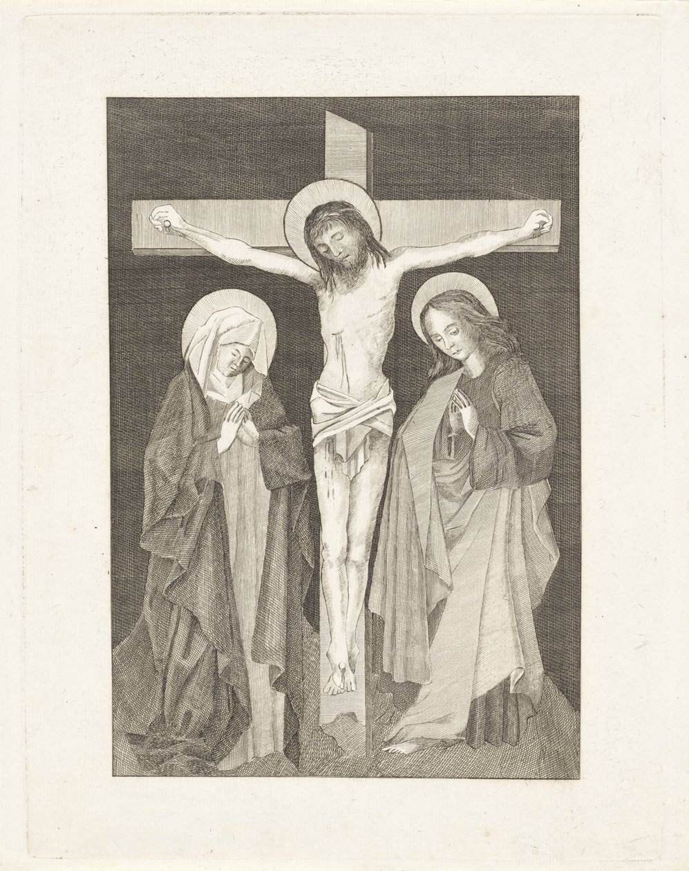 Cristo na cruz, de ambos os lados Maria e João de Anonymous