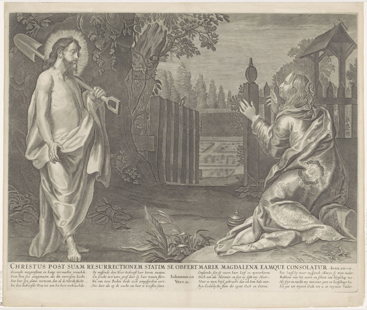 Christus verchicht als tuinman aan Maria Madalena (Não me toque) Cristo imediatamente após sua ressurreição se apresenta a Maria Madalena e a conforta (título no objeto) Royal Bijbel (título da série) de Anonymous