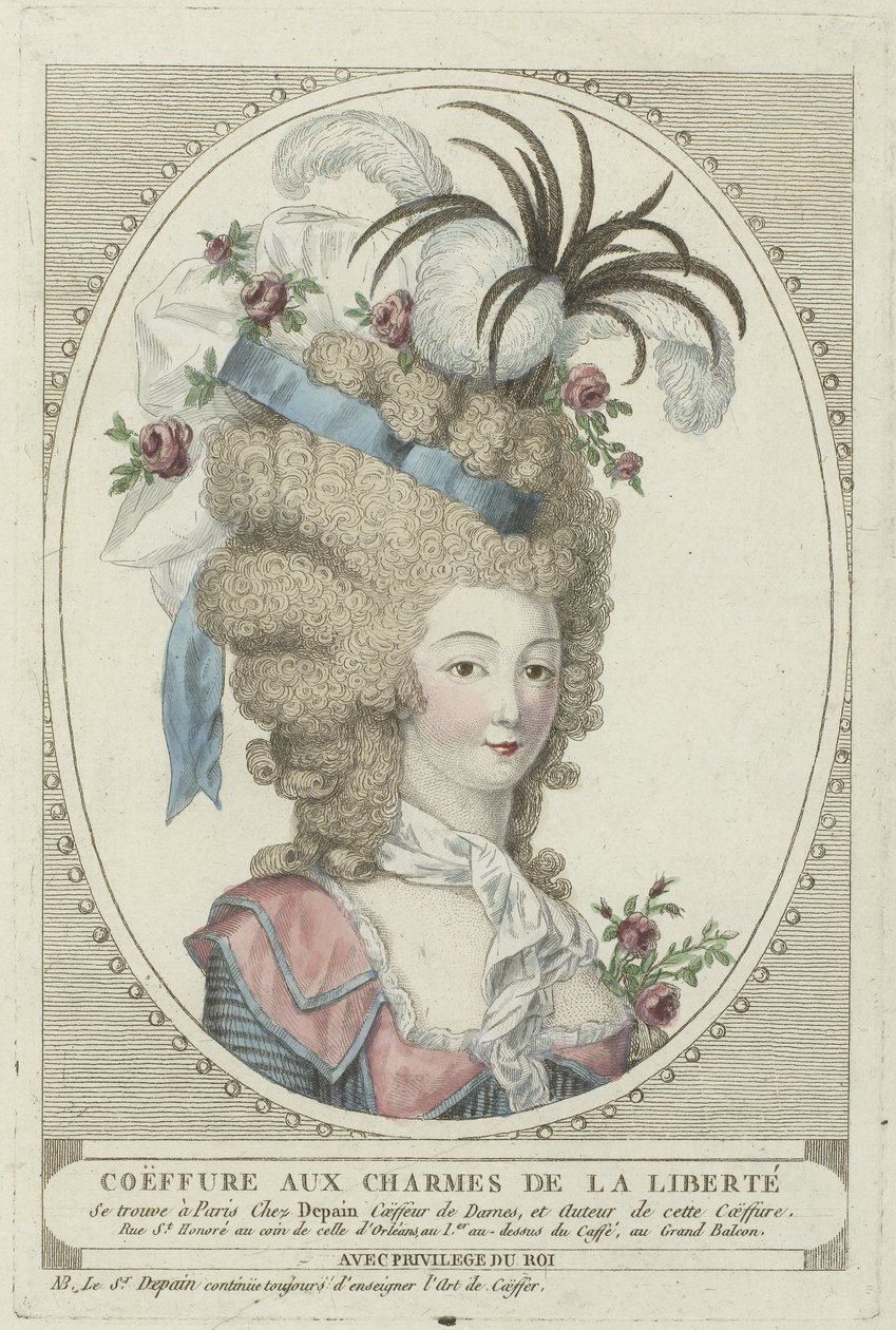 Penteados, pufes, chapéus e gorros: dois penteados pelo cabeleireiro Depain Penteados por Depain, ca. 1790: Coeffure com os encantos da liberdade de Anonymous