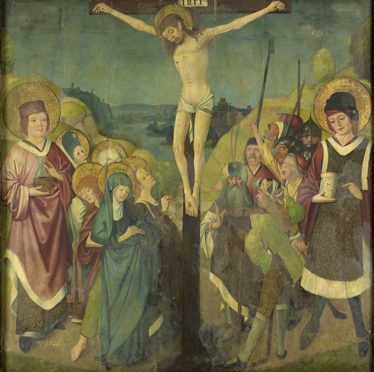 Crucificação com Santos Cosmas e Damian de Anonymous