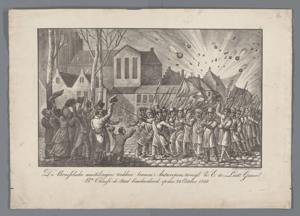 Os amotinados de Bruxelas mudam-se para Antuérpia, enquanto S.E. o Luit Generl. Bn. Chassé bombardeou a cidade, em 28 de Outubro de 1830 (título sobre o objecto) de Anonymous