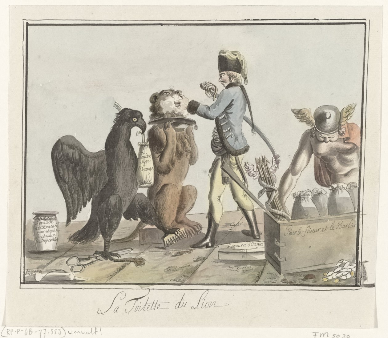 O Leão holandês a ser tosquiado, 1787
La Toilette du Lion (título sobre o objecto) de Anonymous