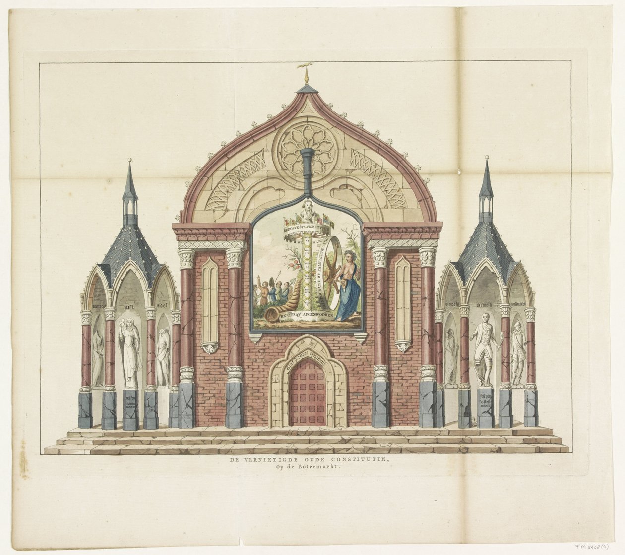 A Destruição da Antiga Constituição, decoração do Mercado da Manteiga, 1795 A Velha Constituição Destruída, No Mercado da Manteiga Quinze decorações no Alliantiefeest em Amsterdã em 1795 (título da série) de Anonymous