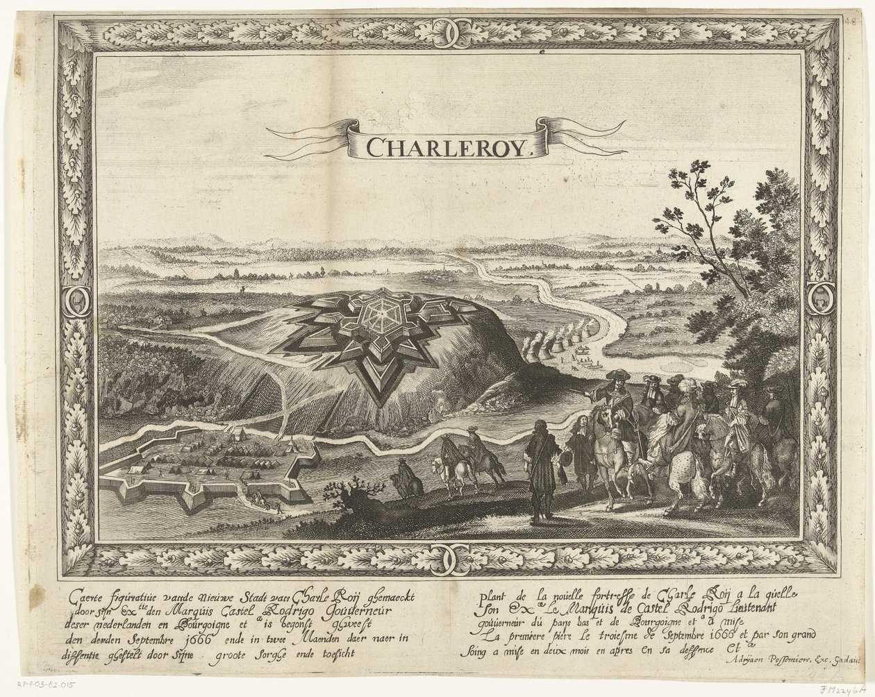 A nova fortaleza de Charleroi, 1666 Caerte figurativo da cidade nova de Charle Roij (...) (título no objeto) Plant de la nouelle fortresse de Charle Roij (...) (título no objeto) de Anonymous