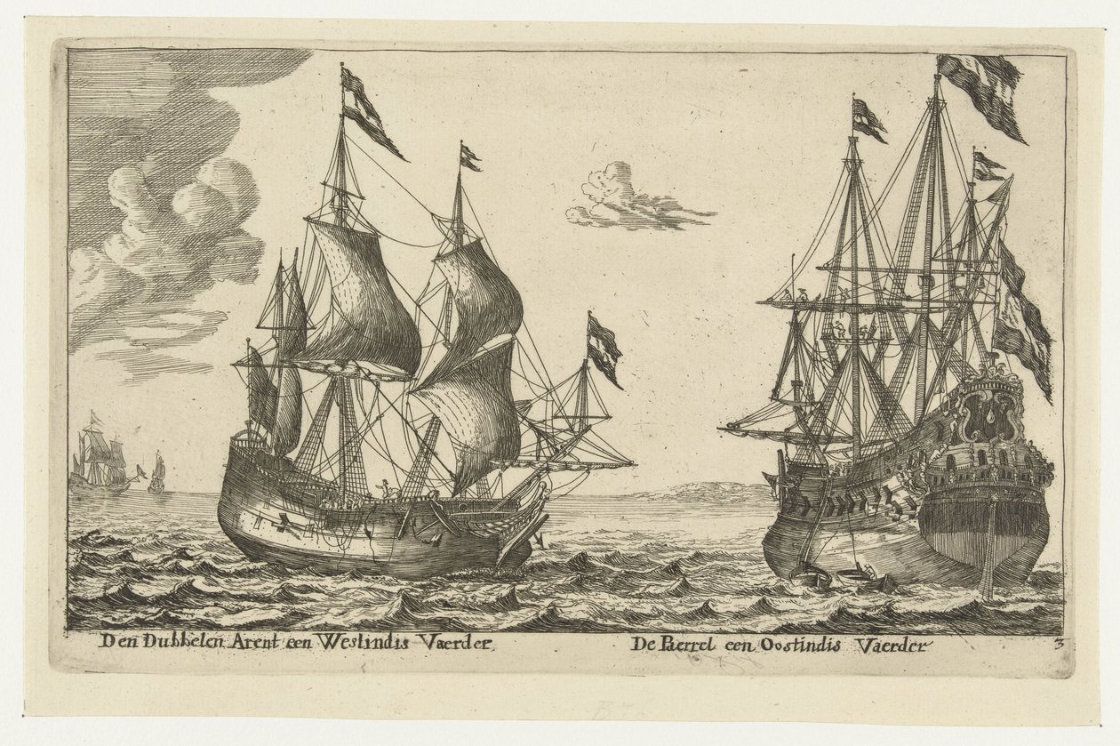 Os navios De Parel e De Dubbele Arend
Den Dubbelen Arent a Westindis Vaerder, De Paerrel an Oostindis Vaerder (título sobre o objecto) de Anonymous