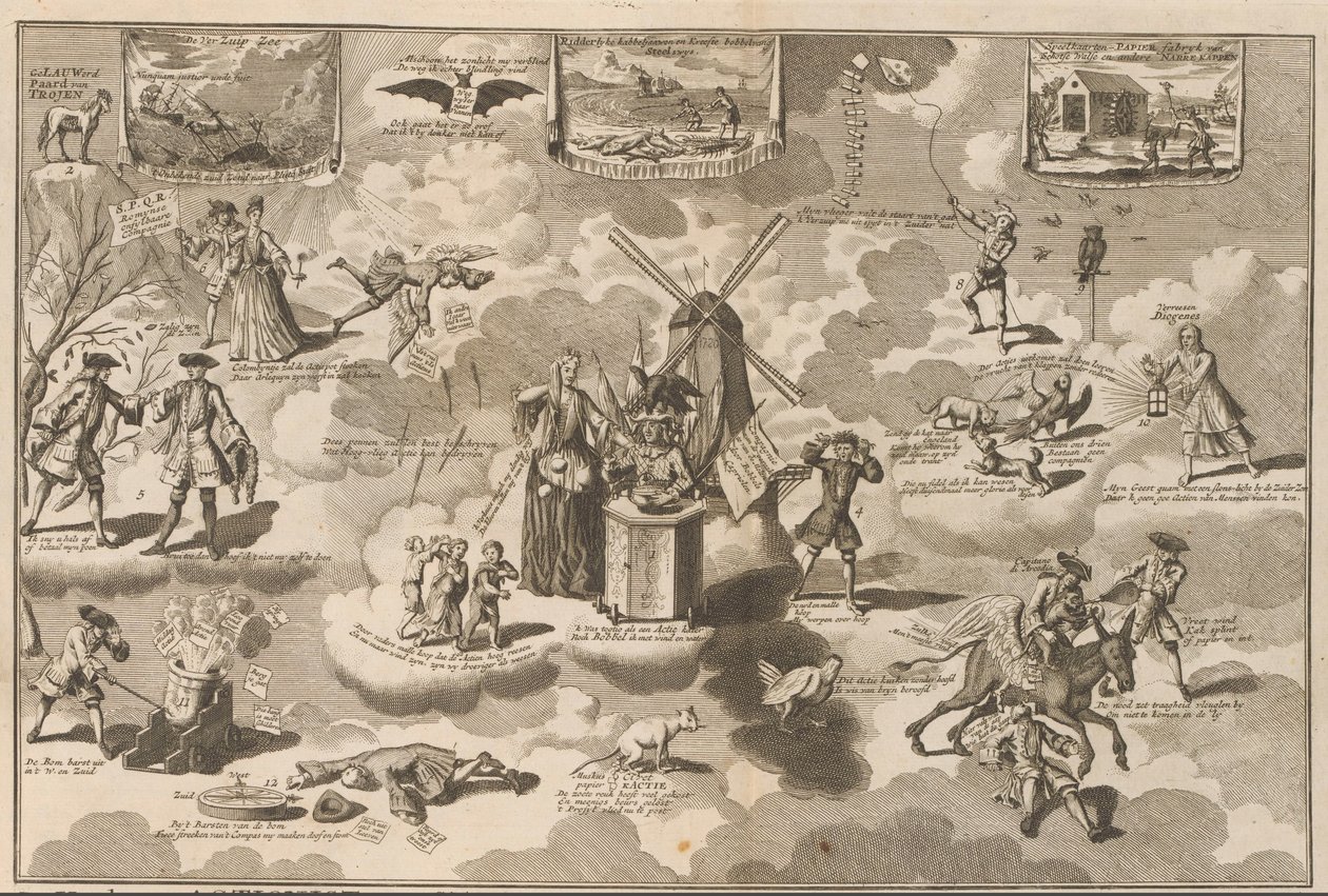 O accionista derrotado na cadeira de formigueiro, 1720
O Actionista Derrotado na Cadeira da Sininho, tendo sido atropelado pelo aclamado Cavalo de Tróia (título sobre o objecto)
A Grande Cena da Loucura (título da série) de Anonymous