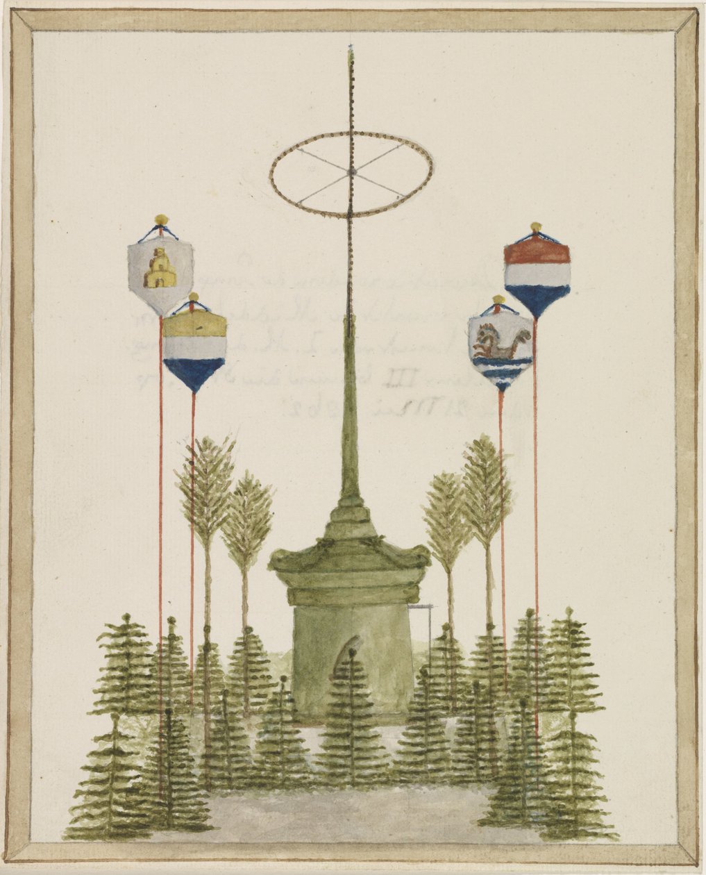 Decoração ao redor da Pompa na Grote Markt em Middelburg, por ocasião da chegada de Sua Majestade o Rei Willem III naquela cidade, em 21 de maio de 1862 (título no objeto) de Anonymous