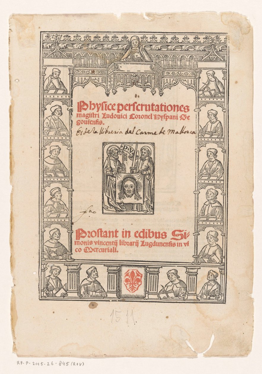 Moldura decorativa com quinze estudiosos
Página de título para: Luis Coronel, Physice perscrutationes, 1511 de Anonymous